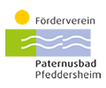 Logo Förderverein Paternusbad, Links Grünes Quadrat, rechts blaues Wasser mit weißen Wellen 